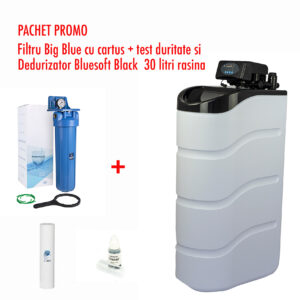 Pachet promo Dedurizator apă BLUESOFT 120VR34 BLACK 30 litri rasina, filtru big blue si test duritate
